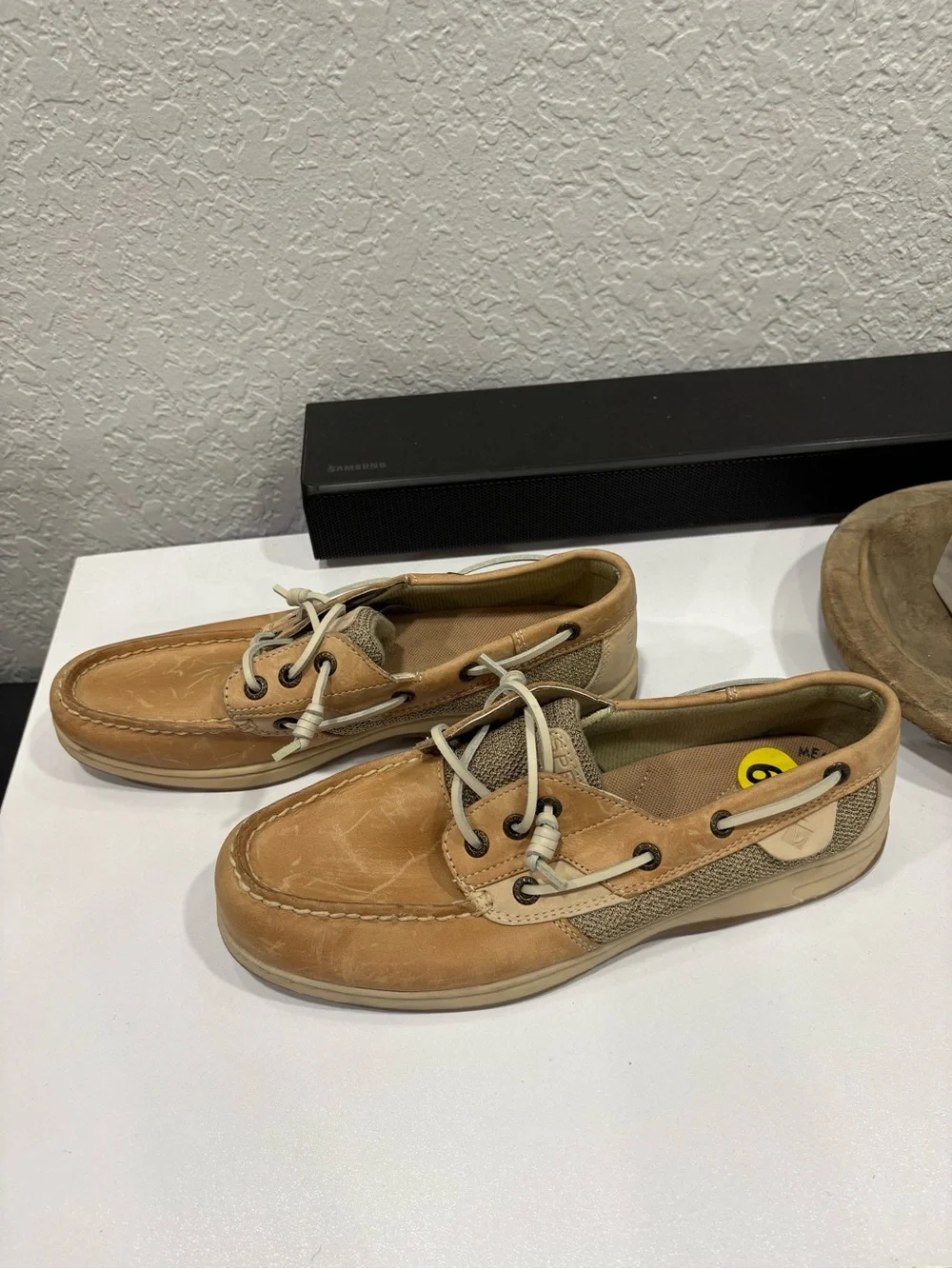 Sperry Men's Tan Leather Boat Shoes with White Laces